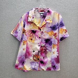 Koret Women Top Large Purple Floral Tie Dye Button Up Short Sleeve Collar Casual